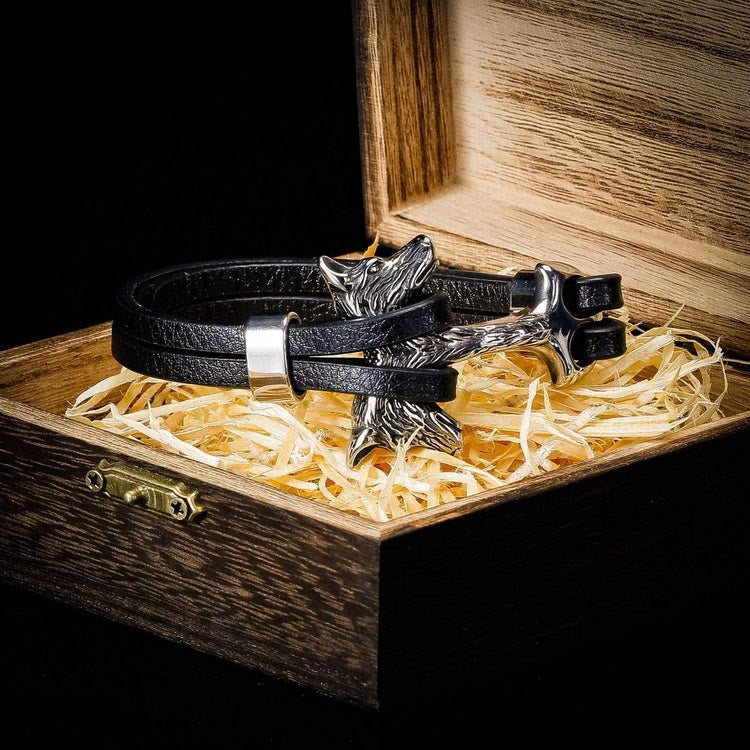 WorldNorse Wolf Fenrir's Head In Leather Bracelet - Silver - image 5