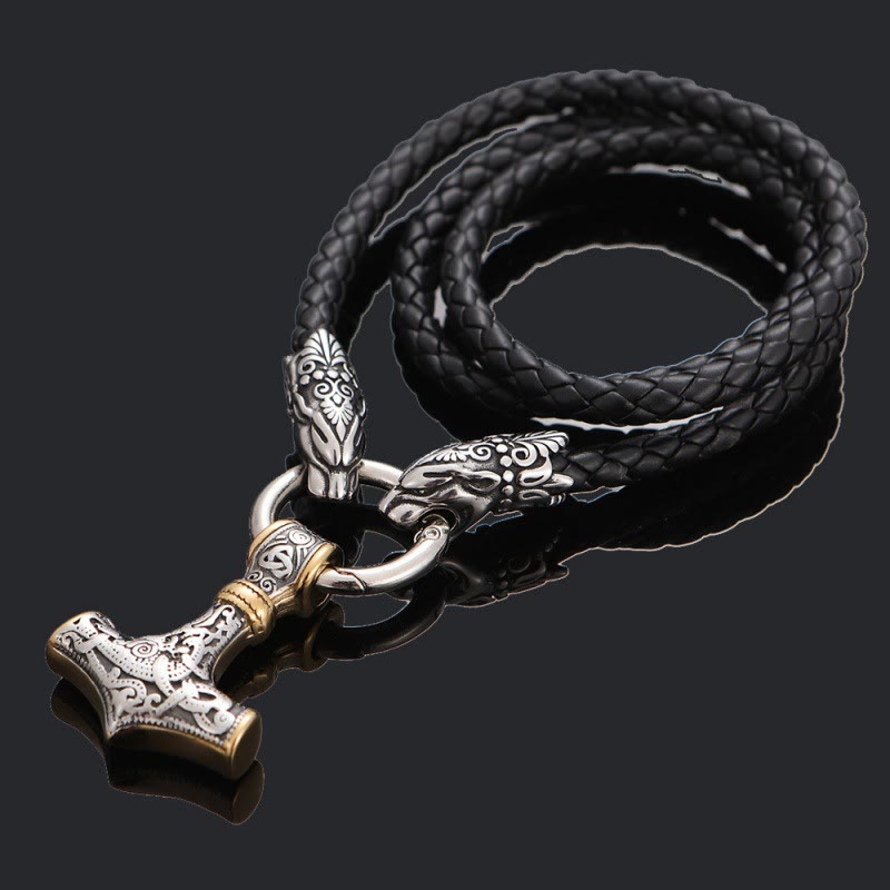 WorldNorse Thor's Hammer Pendant Leather Necklace  - Silver & Gold - Chain# 60cm - image 4