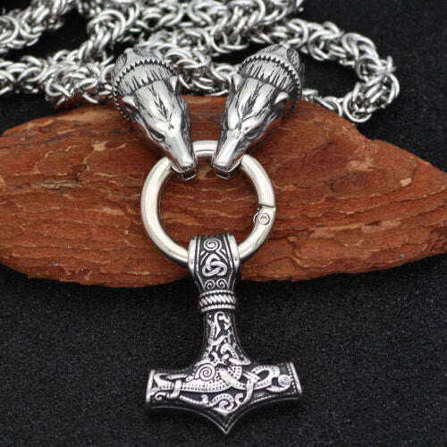 WorldNorse Wolf & Thor Hammer Mjolnir Pendant Necklace - image 2