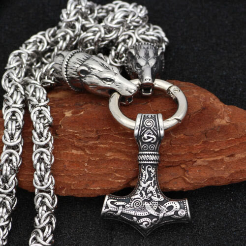 WorldNorse Wolf & Thor Hammer Mjolnir Pendant Necklace - image 1