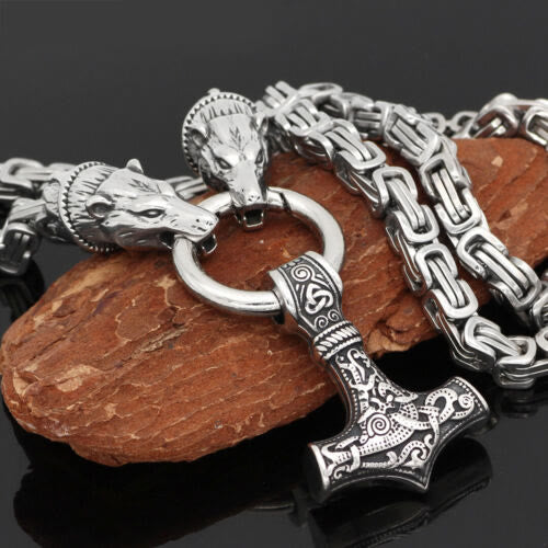 WorldNorse Wolf & Thor Hammer Mjolnir Pendant Necklace - 70cm - image 0
