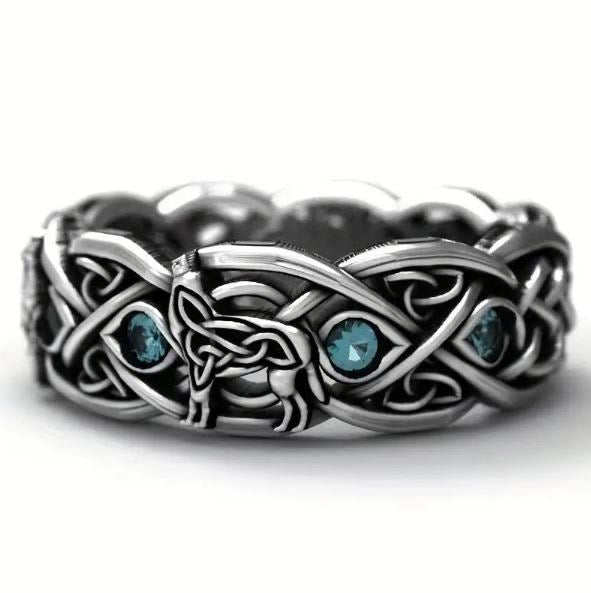 WorldNorse Medieval Celtic With Wolf Blue Topaz Ring