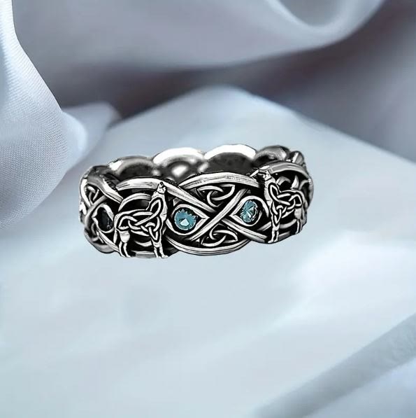 WorldNorse Medieval Celtic With Wolf Blue Topaz Ring