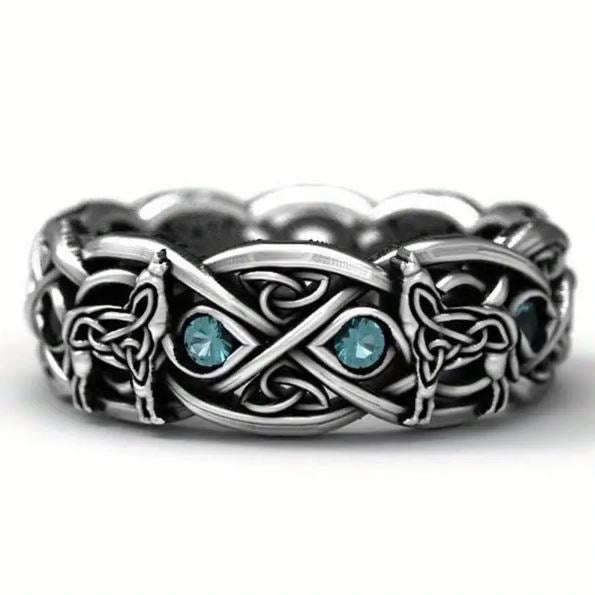 WorldNorse Medieval Celtic With Wolf Blue Topaz Ring