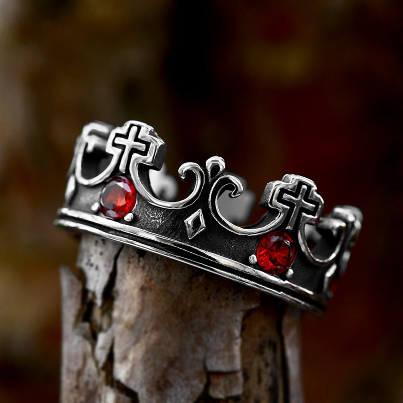 WorldNorse Gothic Crown Pattern Cross Abstract Ring - Silver & Red - US 13 - image 1