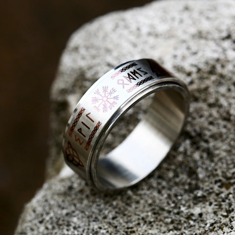 WorldNorse Rune Vegvisir Mjolnir Spinner Ring - Silver - US 12 - image 1