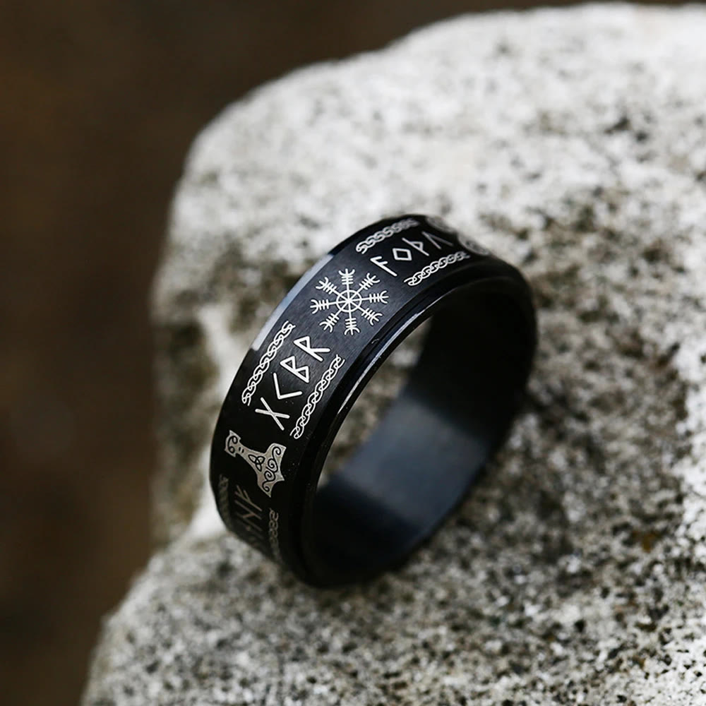 WorldNorse Viking Symbol Valknut Mjolnir Rune Triquetra Rotatable Ring - Black - US 12 - image 4