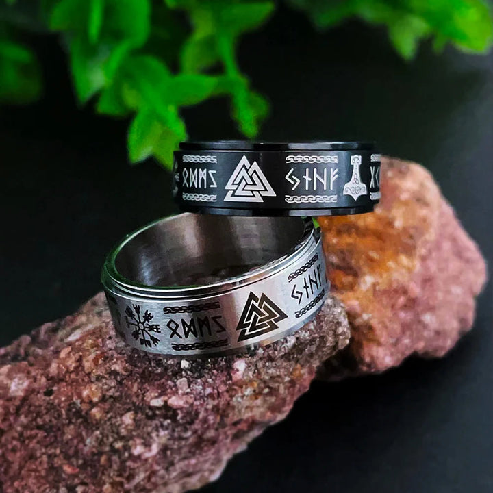 WorldNorse Viking Symbol Valknut Mjolnir Rune Triquetra Rotatable Ring