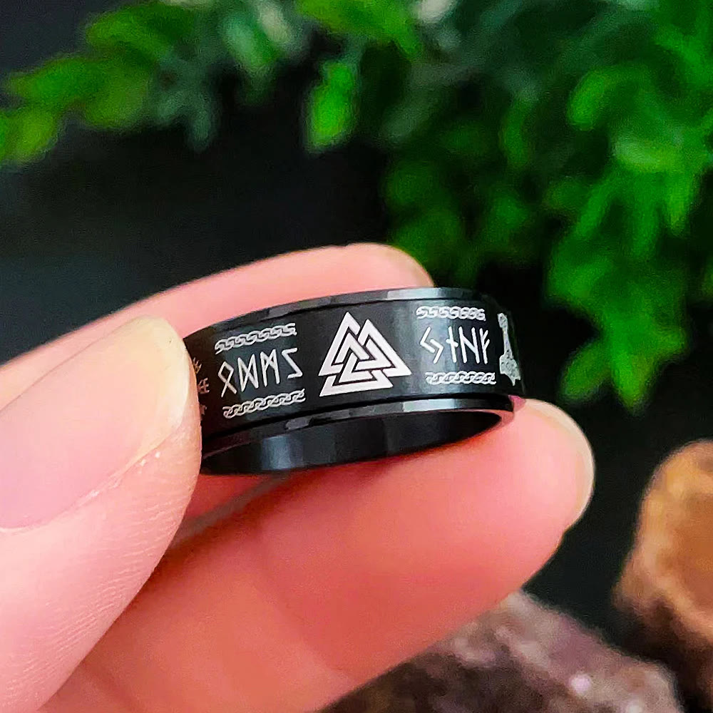 WorldNorse Viking Symbol Valknut Mjolnir Rune Triquetra Rotatable Ring