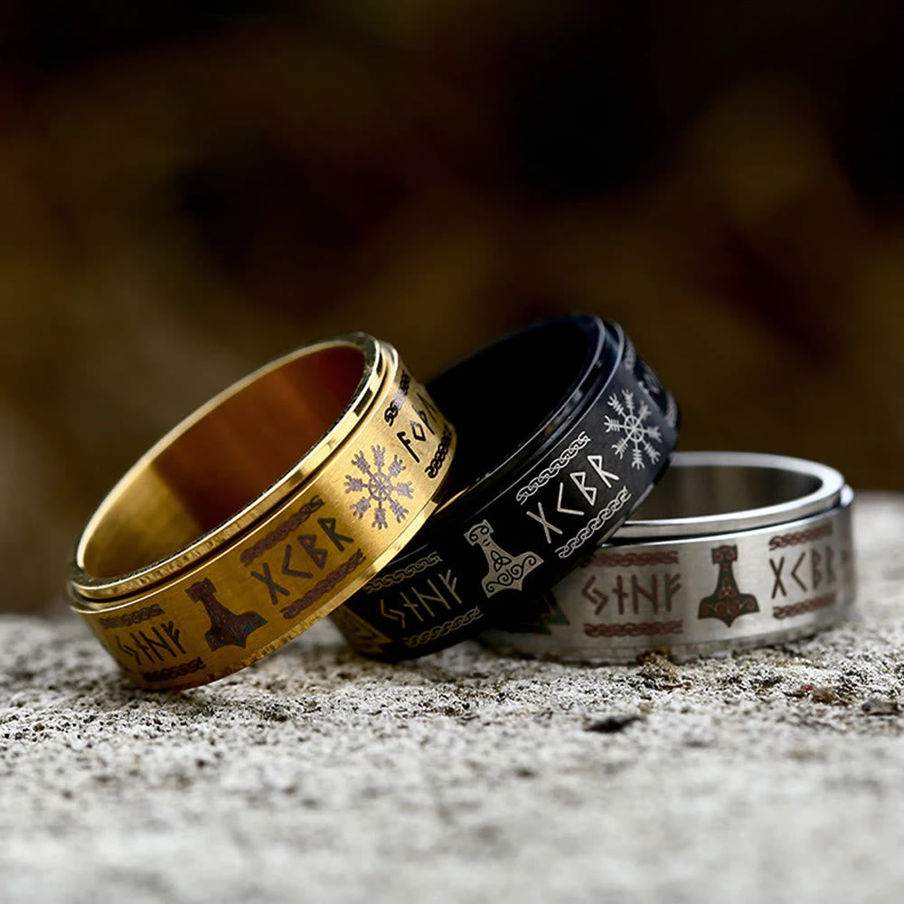 WorldNorse Rune Vegvisir Mjolnir Spinner Ring - image 0