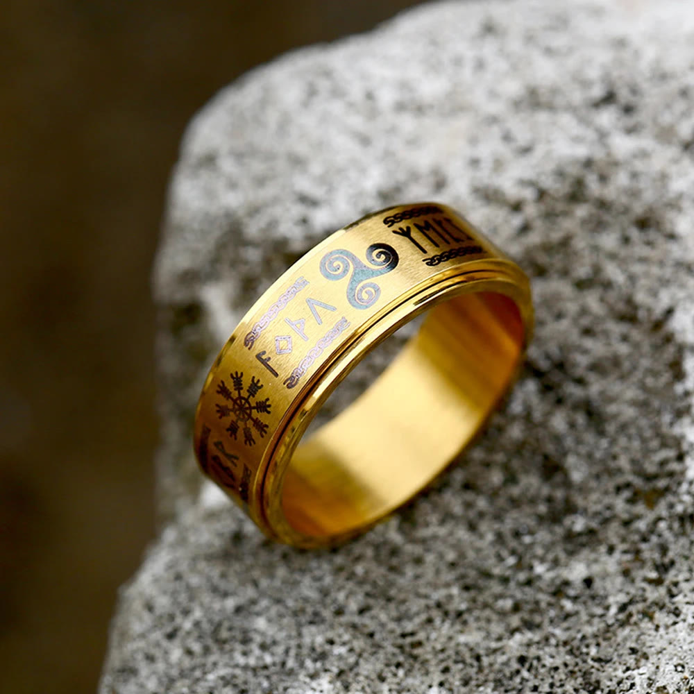 WorldNorse Rune Vegvisir Mjolnir Spinner Ring - Gold - US 12 - image 11