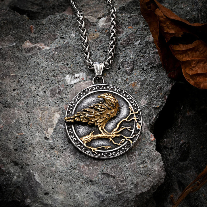 WorldNorse Vintage Embossed Raven Odin Necklace - Silver & Gold - image 0