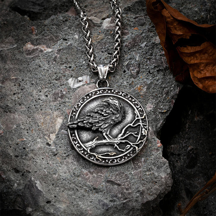 WorldNorse Vintage Embossed Raven Odin Necklace - Silver - image 2