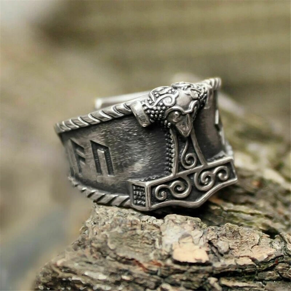 WorldNorse Classic Thor's Hammer Rune Viking Ring - Retro Silver - US 12 - image 0