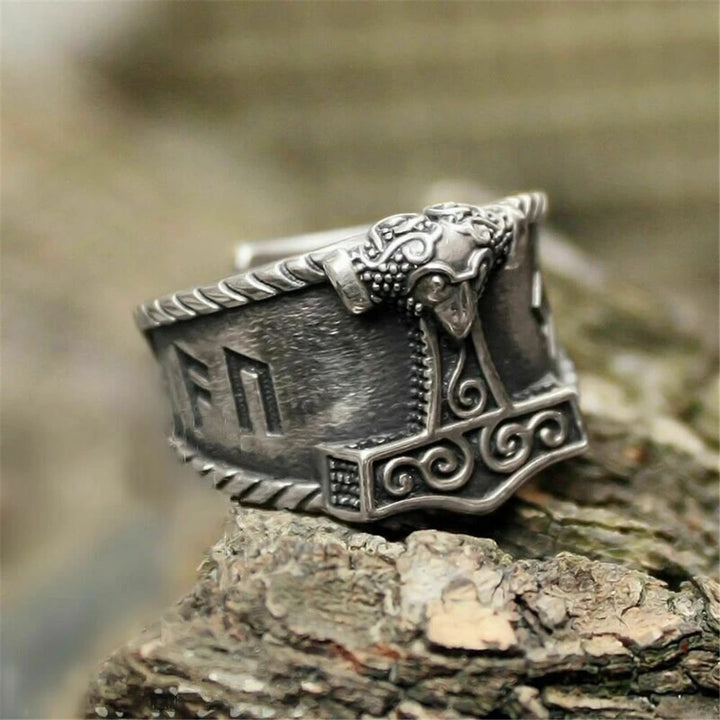 WorldNorse Classic Thor's Hammer Rune Viking Ring - Retro Silver - US 12 - image 0
