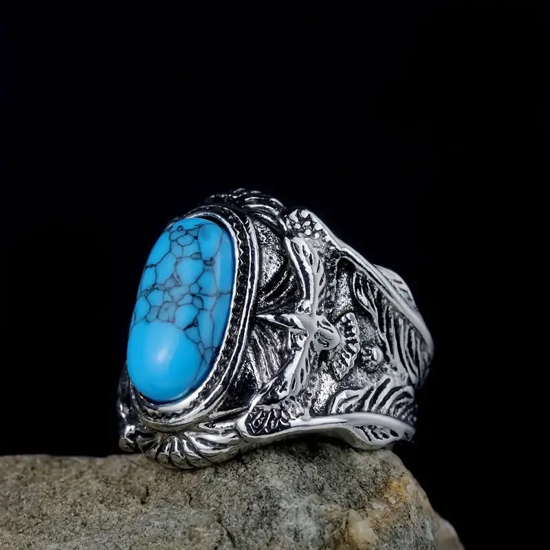 WorldNorse Ravens With Turquoise Gemstone Ring