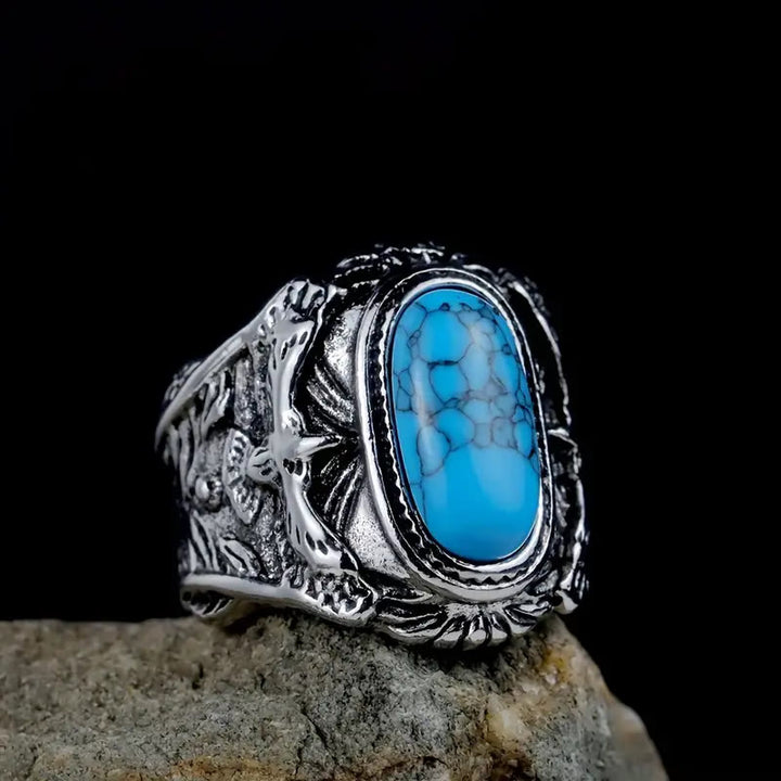 WorldNorse Ravens With Turquoise Gemstone Ring