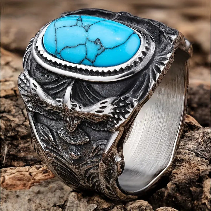 WorldNorse Ravens With Turquoise Gemstone Ring