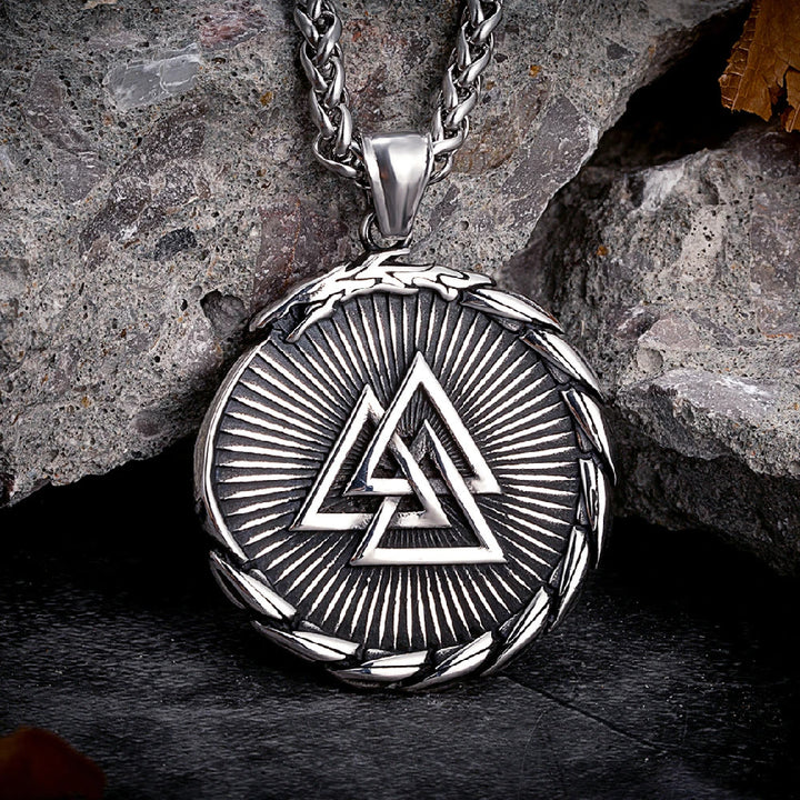 WorldNorse Double Side Valknut Triangle Vegvisir Compass Necklace - Silver - image 0