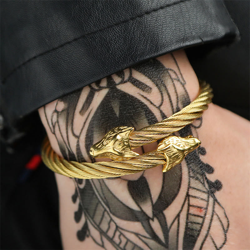WorldNorse Wolf Head Twisted Open Bracelet - Gold - image 1