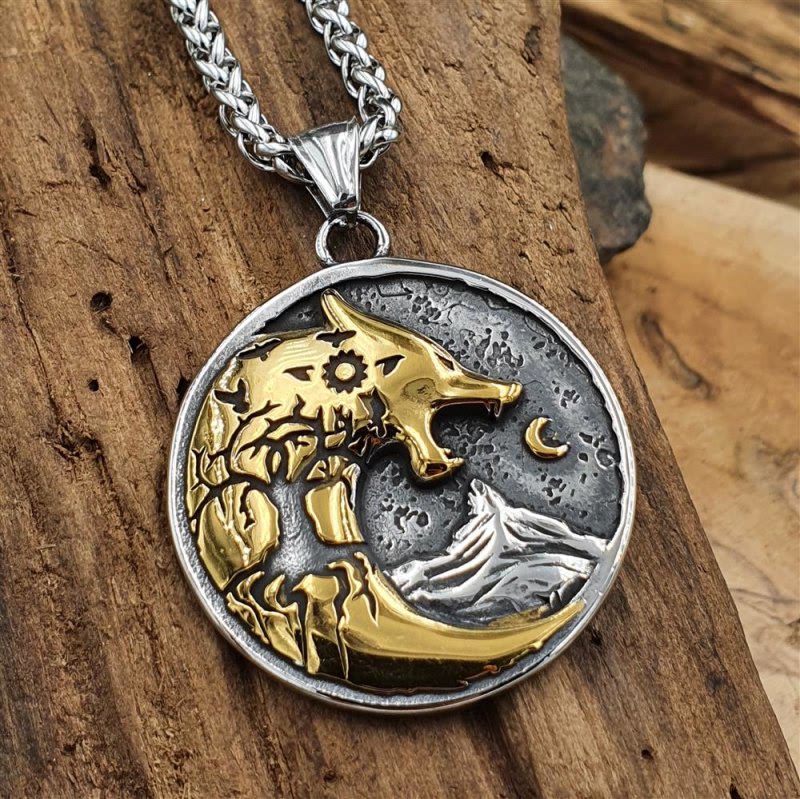 WorldNorse Wolf Head With Moon Night Rune Amulet Necklace - Silver&Gold - image 0