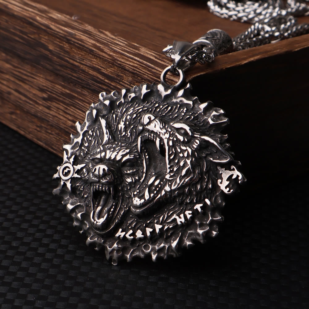 WorldNorse Norse Double Wolf Head Fierce Necklace - Silver - image 3