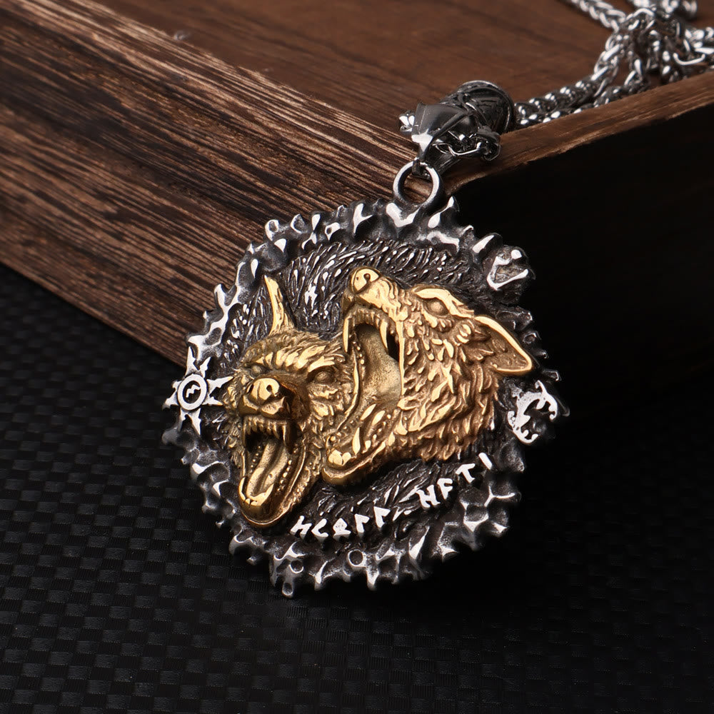 WorldNorse Norse Double Wolf Head Fierce Necklace - Silver&Gold - image 1
