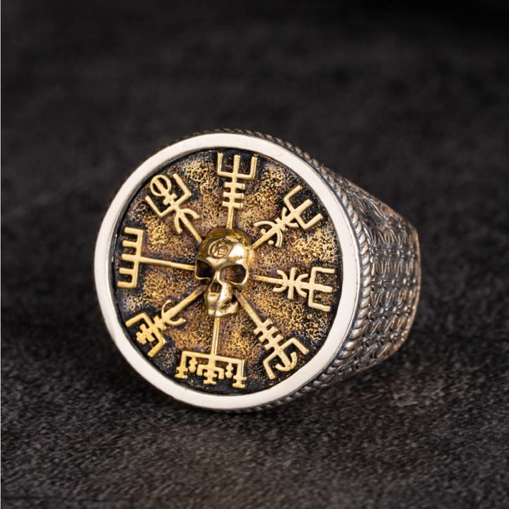WorldNorse Handcrafted 925 Silver Vegvisir Skull Inlaid Ring - image 6