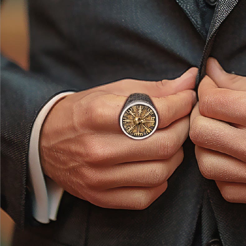 WorldNorse Handcrafted 925 Silver Vegvisir Skull Inlaid Ring - image 1