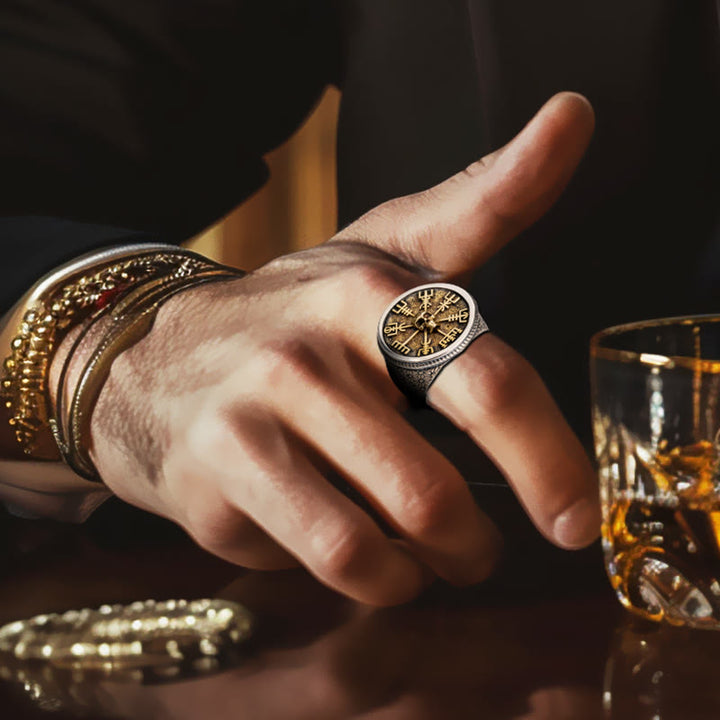 WorldNorse Handcrafted 925 Silver Vegvisir Skull Inlaid Ring - image 2