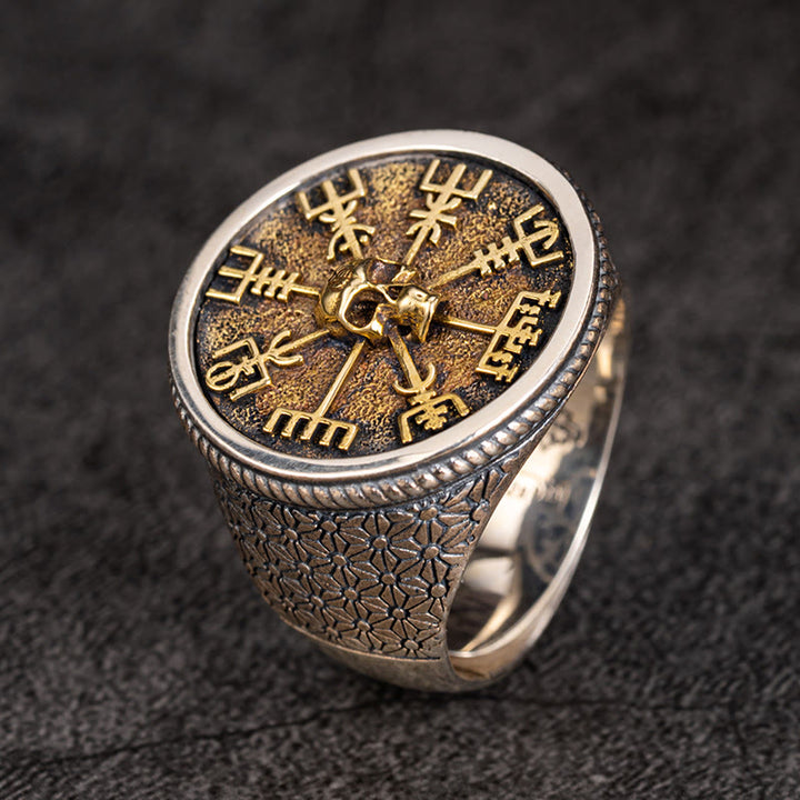 WorldNorse Handcrafted 925 Silver Vegvisir Skull Inlaid Ring - US 13 - NO THANKS - image 0