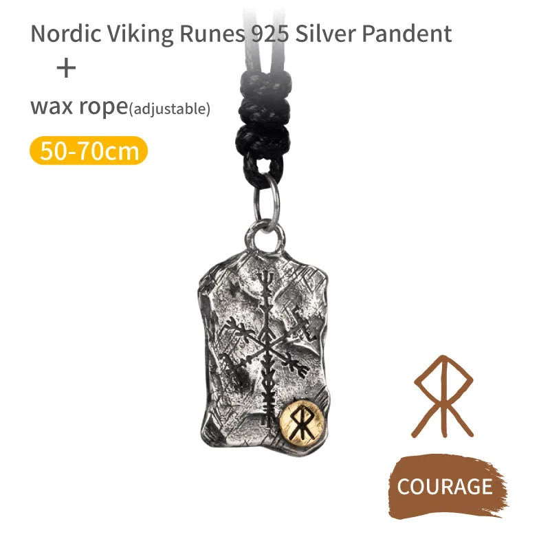 WorldNorse 925 Sterling Silver Rune With Vegvisir Necklace - Courage - Wax Rope - image 1