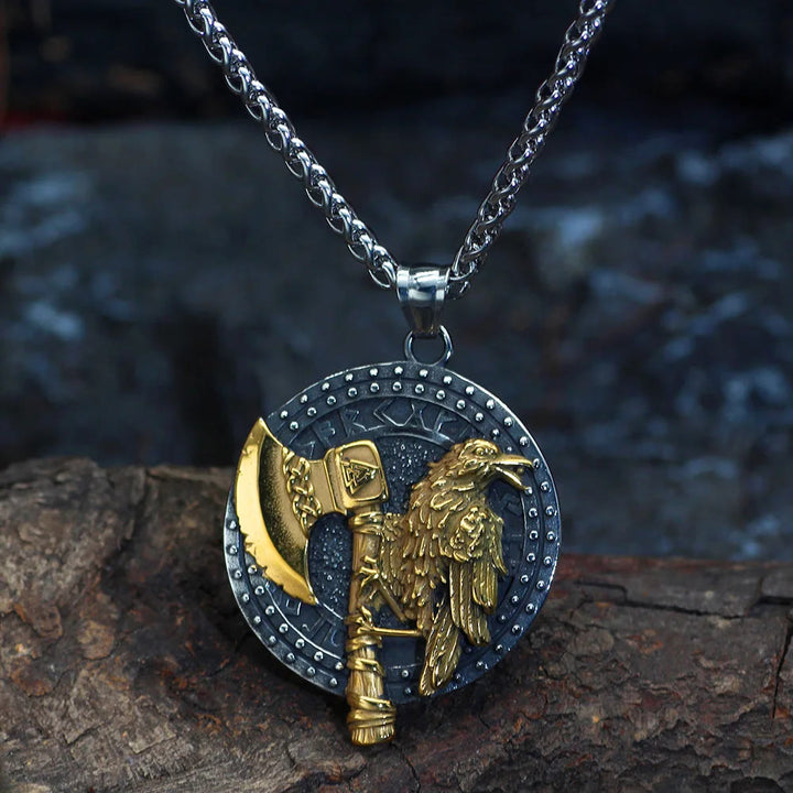 WorldNorse Raven And Axe With Runes Necklace - Silver&Gold - image 0