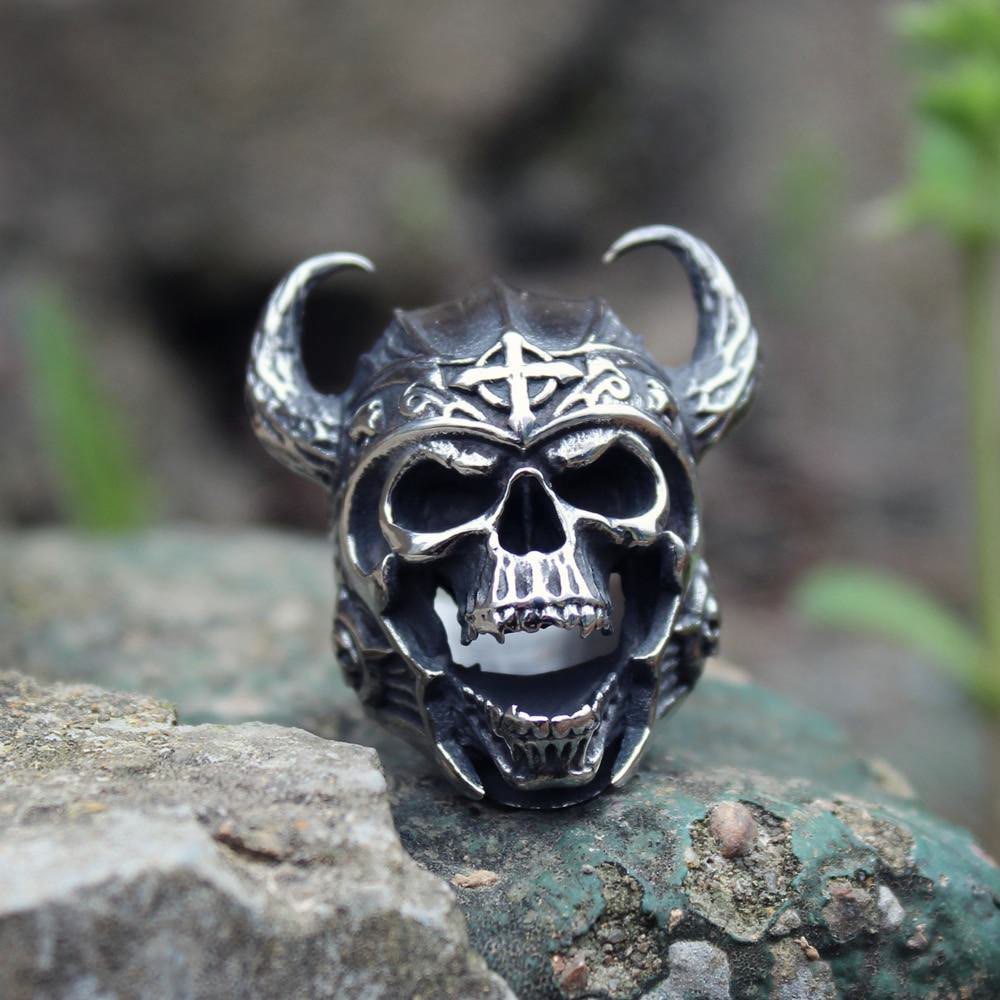 WorldNorse Ox Horn Skull Head Ring