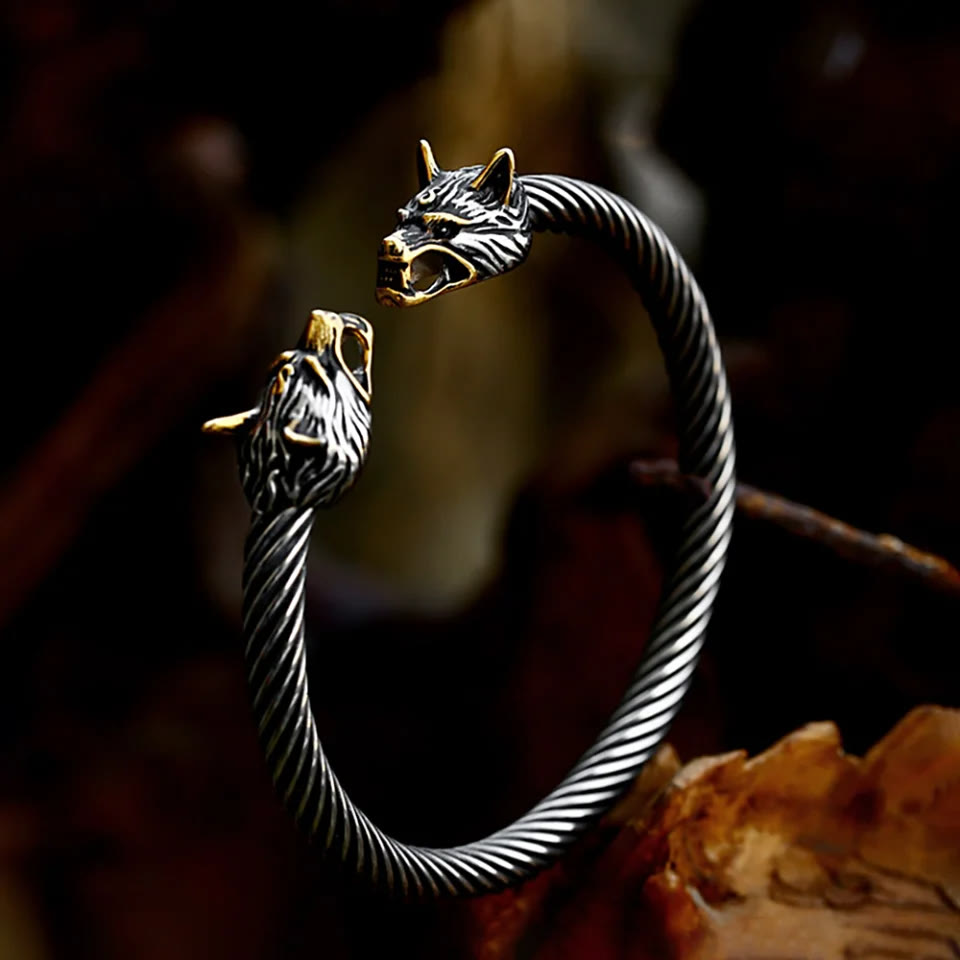 WorldNorse Double Wolf Heads Open Bracelet - Silver&Gold - image 0