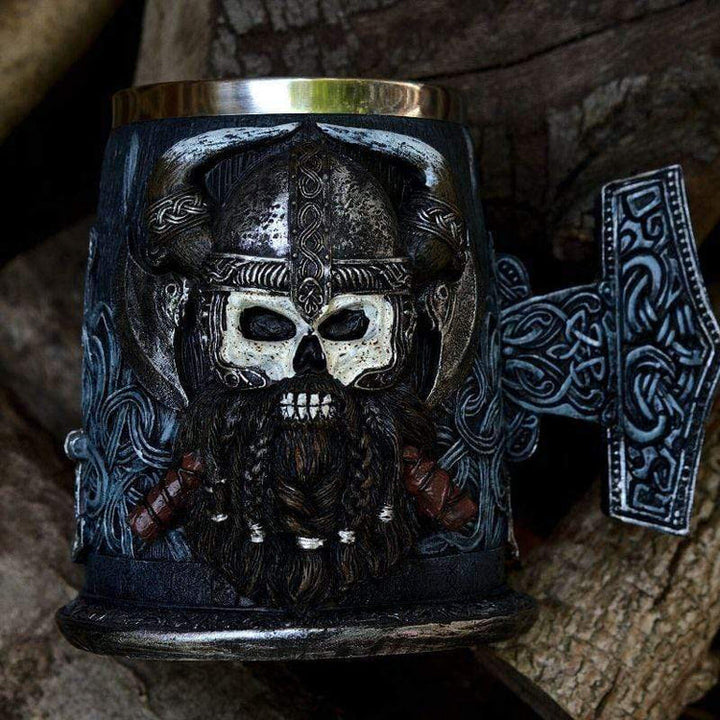 WorldNorse Mjolnir Skull With Horned Helmet Tankard Mug