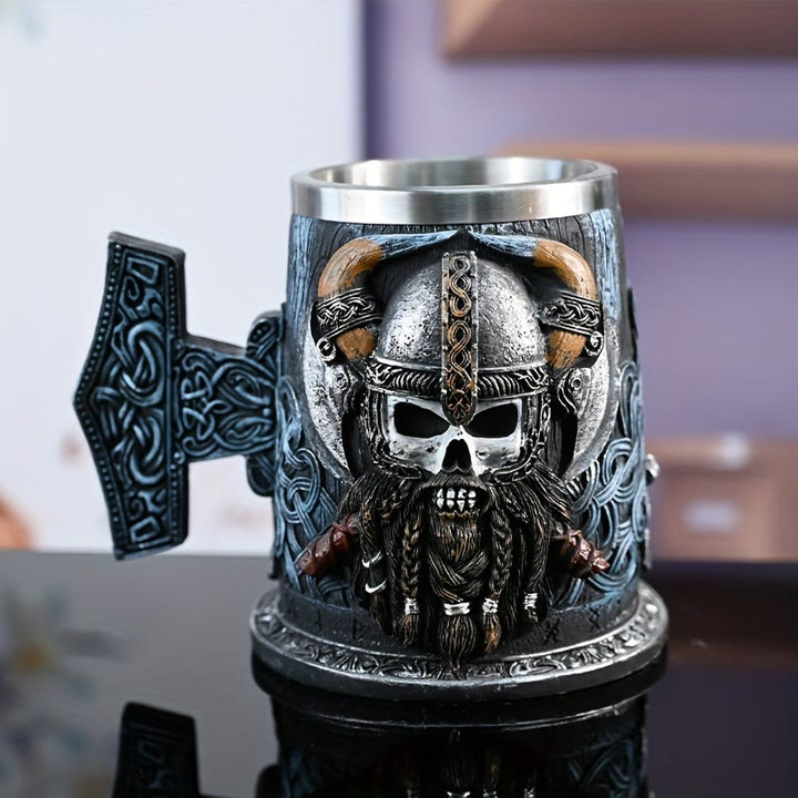 WorldNorse Mjolnir Skull With Horned Helmet Tankard Mug