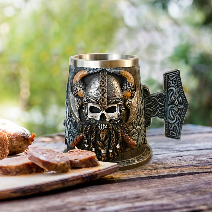 WorldNorse Mjolnir Skull With Horned Helmet Tankard Mug