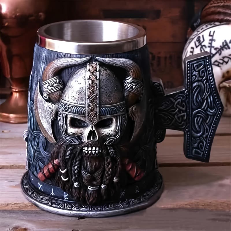 WorldNorse Mjolnir Skull With Horned Helmet Tankard Mug