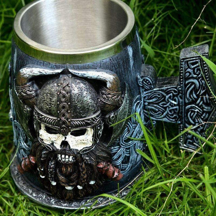 WorldNorse Mjolnir Skull With Horned Helmet Tankard Mug