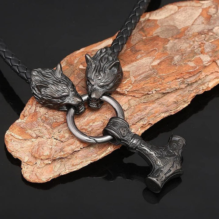 WorldNorse Viking Mjolnir Wolf Leather Rope Necklace - Necklace - image 0