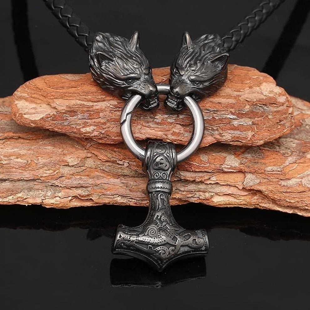 WorldNorse Viking Mjolnir Wolf Leather Rope Necklace - image 1