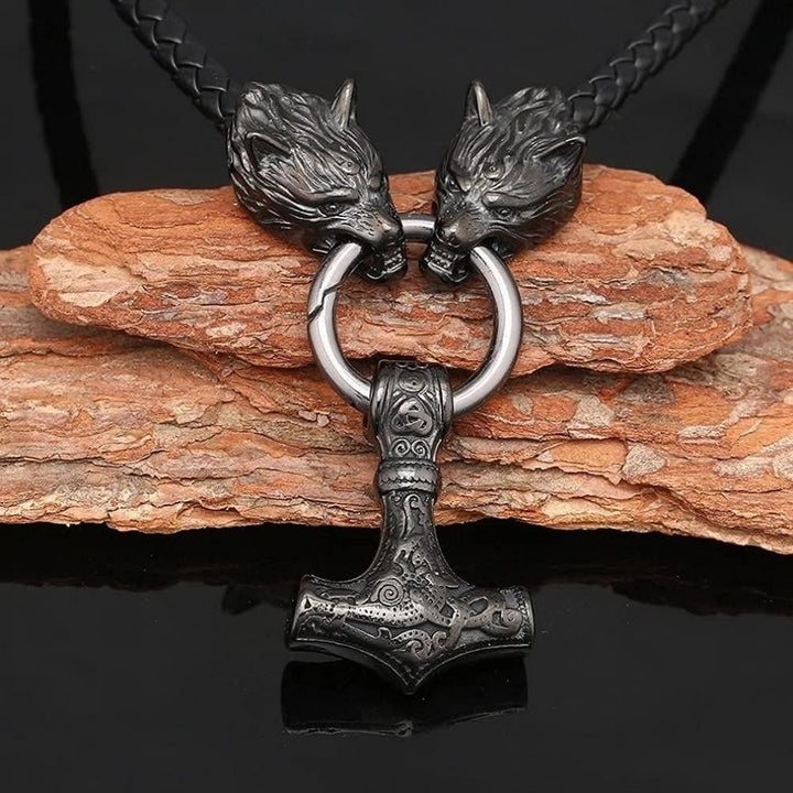 WorldNorse Viking Mjolnir Wolf Leather Rope Necklace - image 1