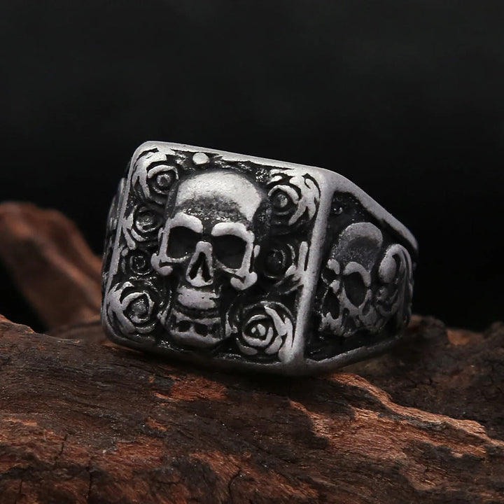 WorldNorse Vintage Bone Blossom Skull Ring