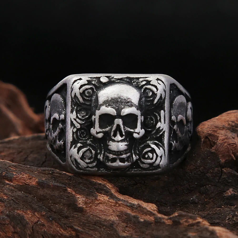 WorldNorse Vintage Bone Blossom Skull Ring