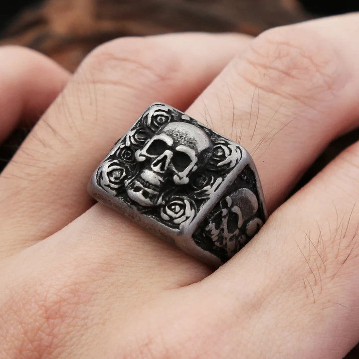 WorldNorse Vintage Bone Blossom Skull Ring