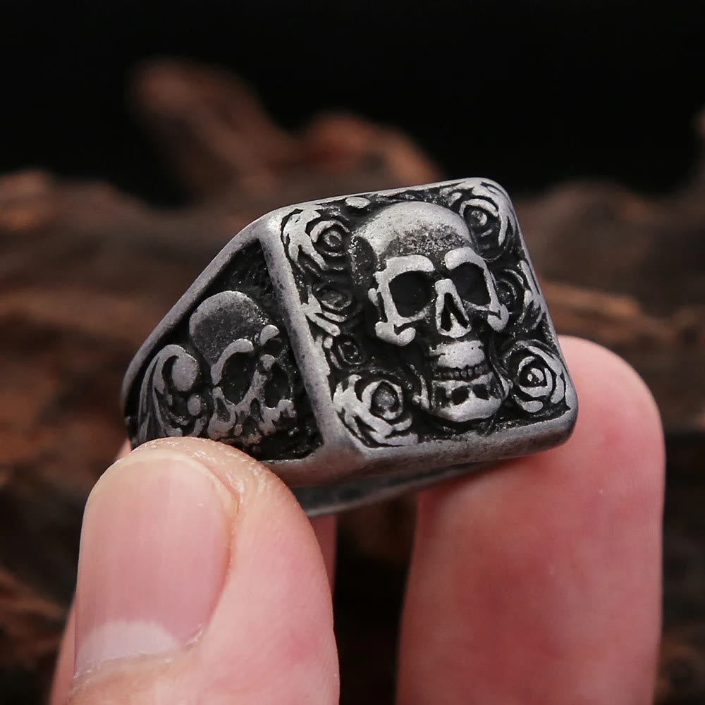 WorldNorse Vintage Bone Blossom Skull Ring