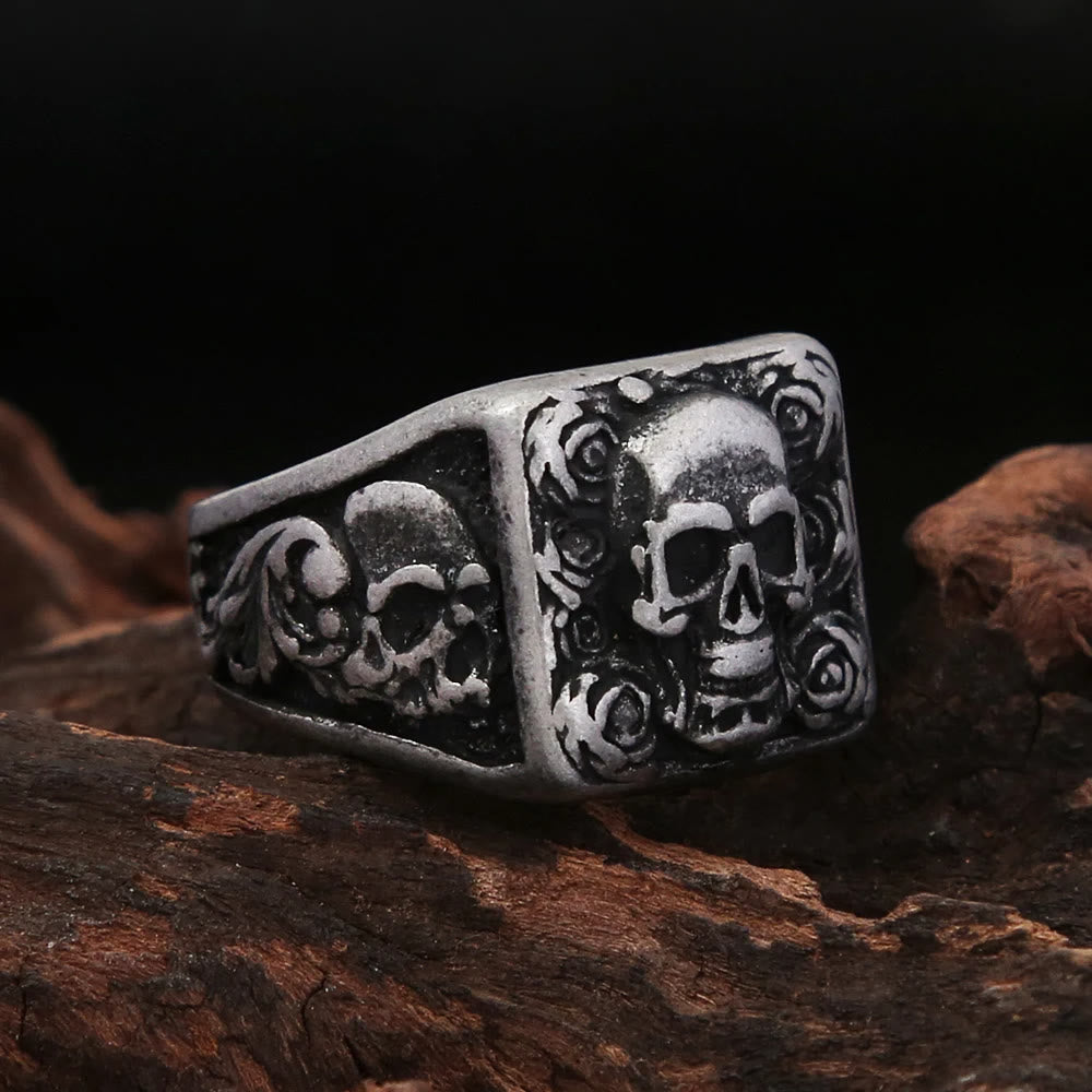 WorldNorse Vintage Bone Blossom Skull Ring