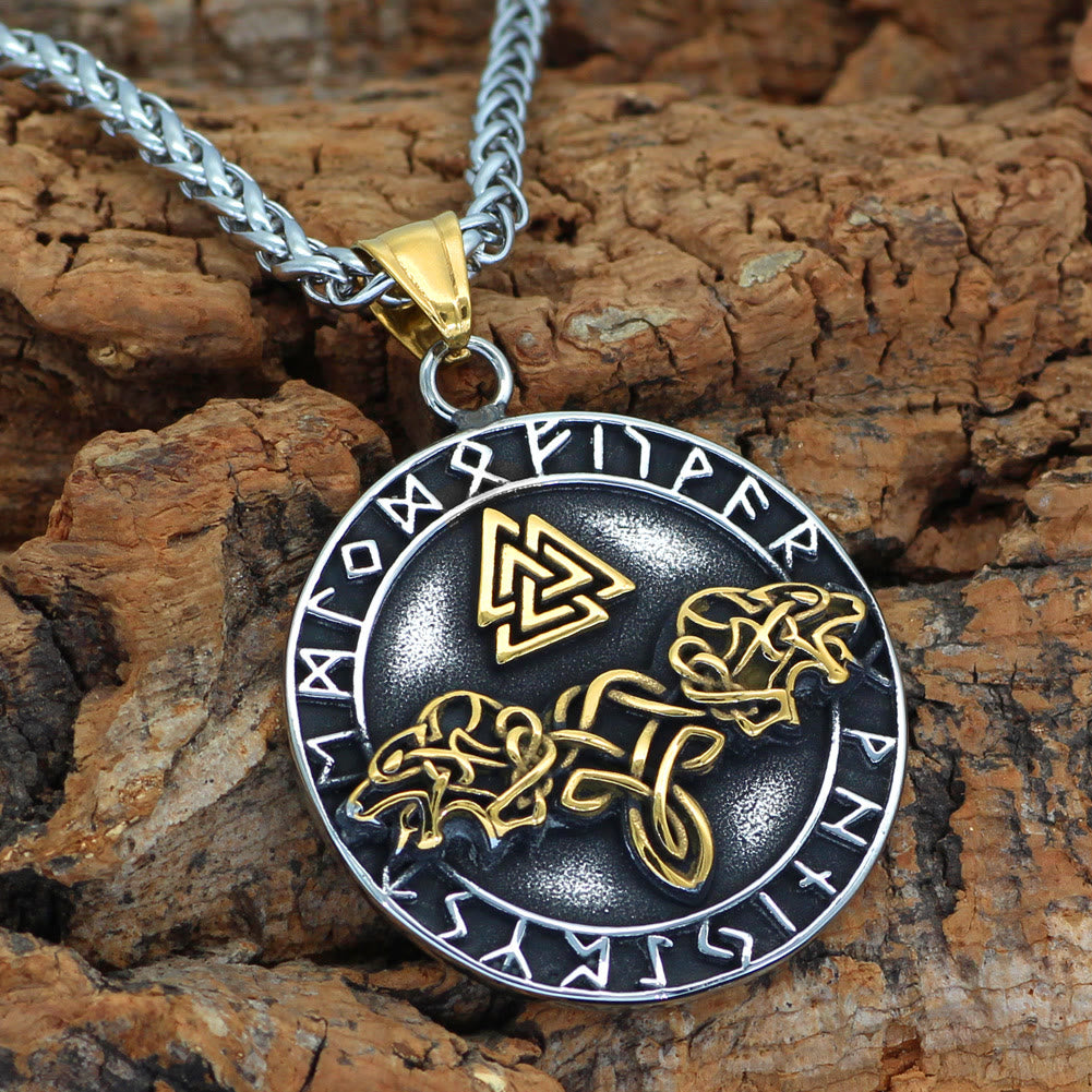 WorldNorse Double Wolf Head Roaring Triangle Rune Necklace - Silver&Gold - image 0