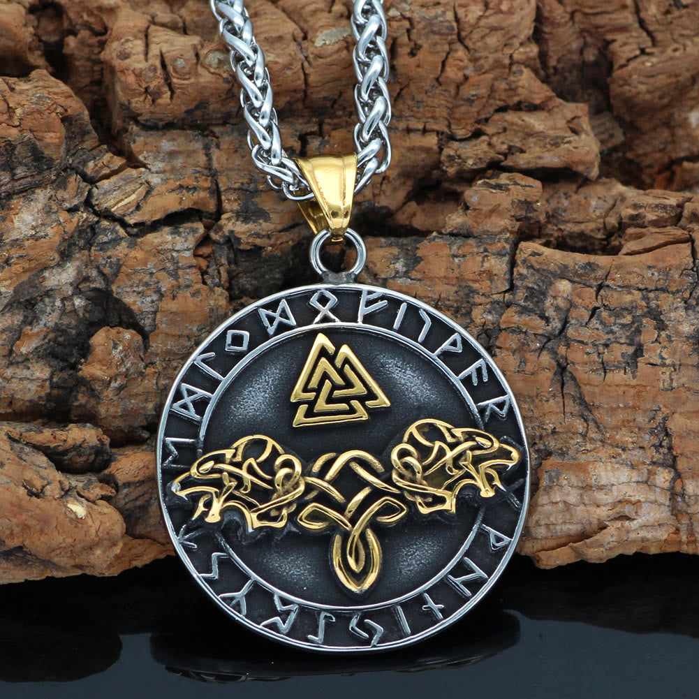 WorldNorse Double Wolf Head Roaring Triangle Rune Necklace - image 3